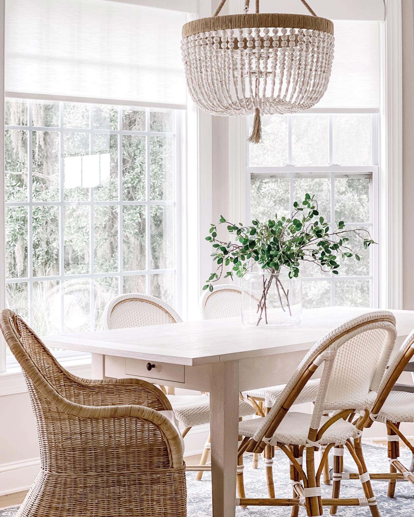 Dining Room with Translucent Fabric Roller Shades in Pearl