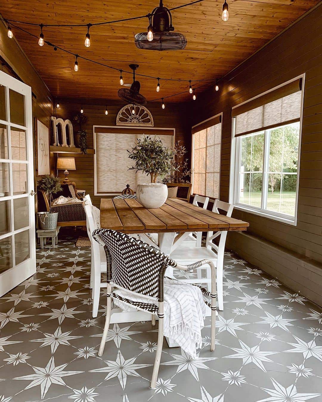 Dining Room with Translucent Fabric Roller Shades in Fog