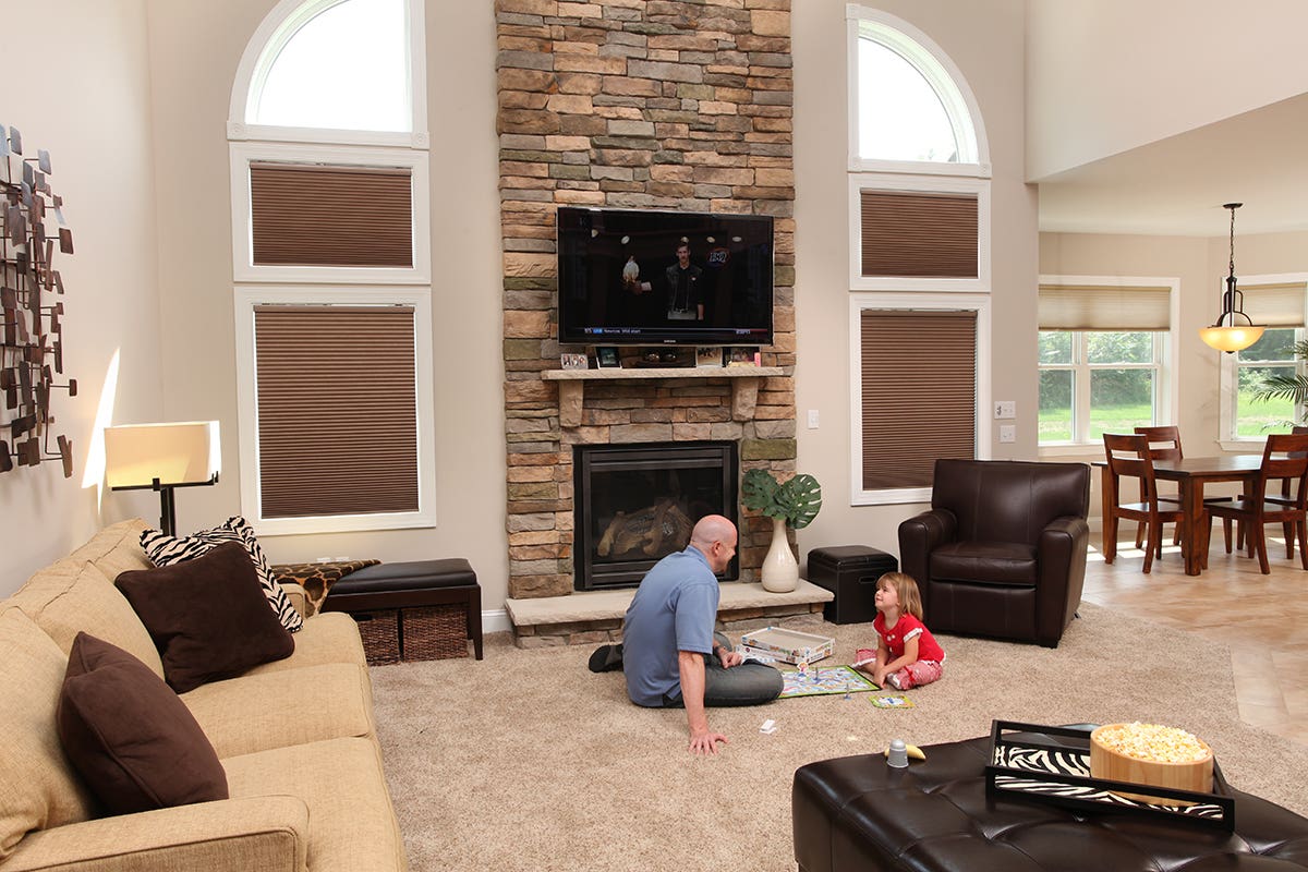 Man and child playing a board game in living room with fully closed room darkening honeycomb shades