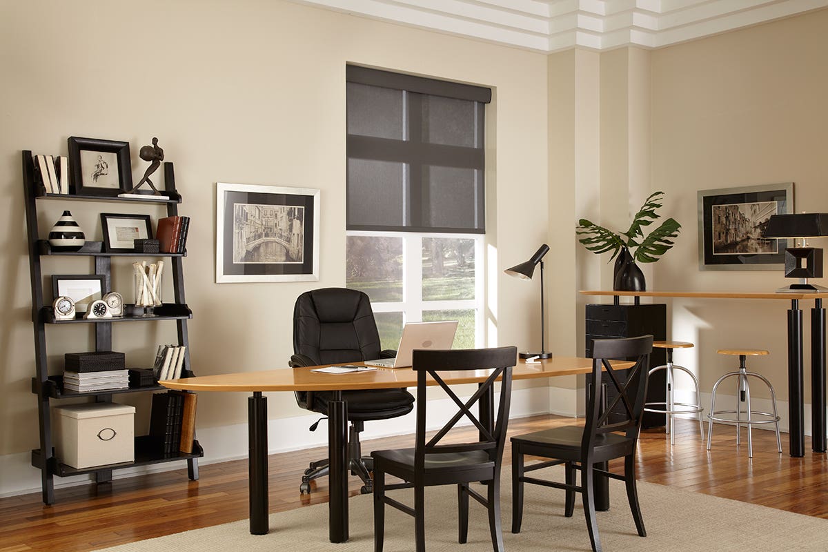 Home Office with Partially Closed Sheer Roller Shades in Charcoal Gray