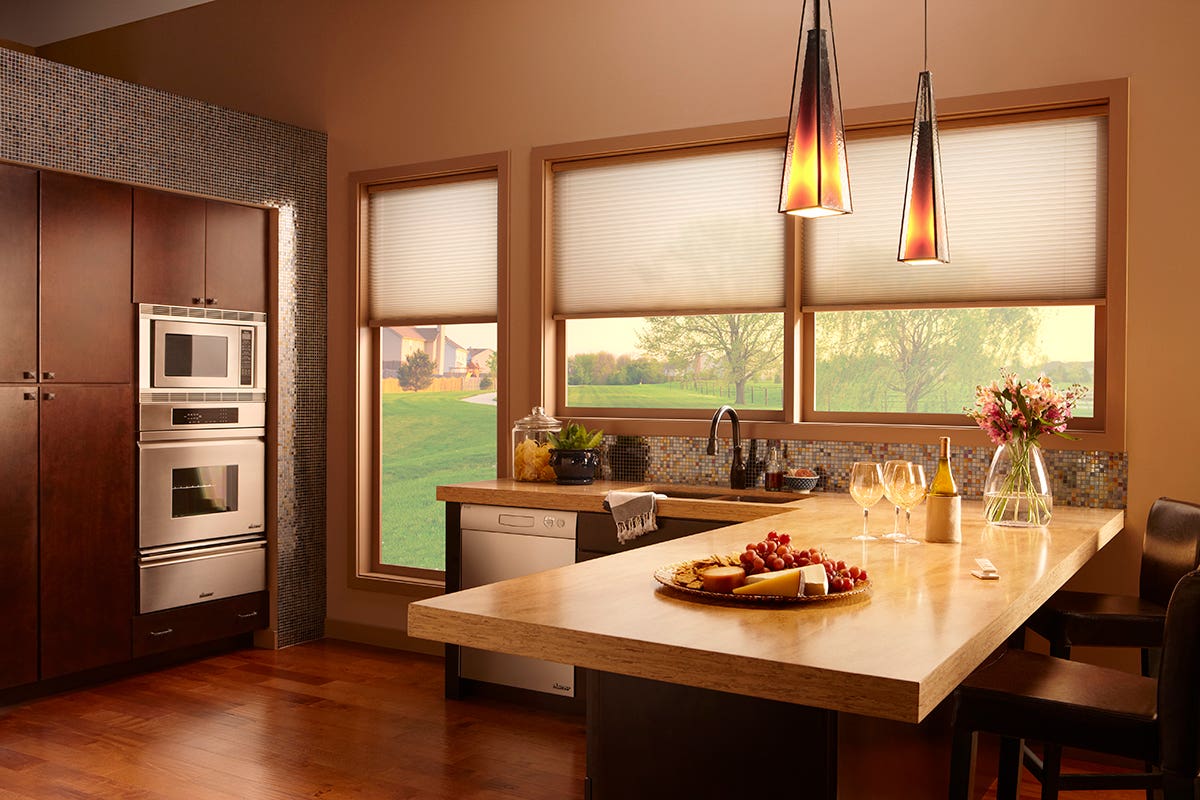 Kitchen With Partially Closed Light-Filtering Single Cell Honeycomb Shades