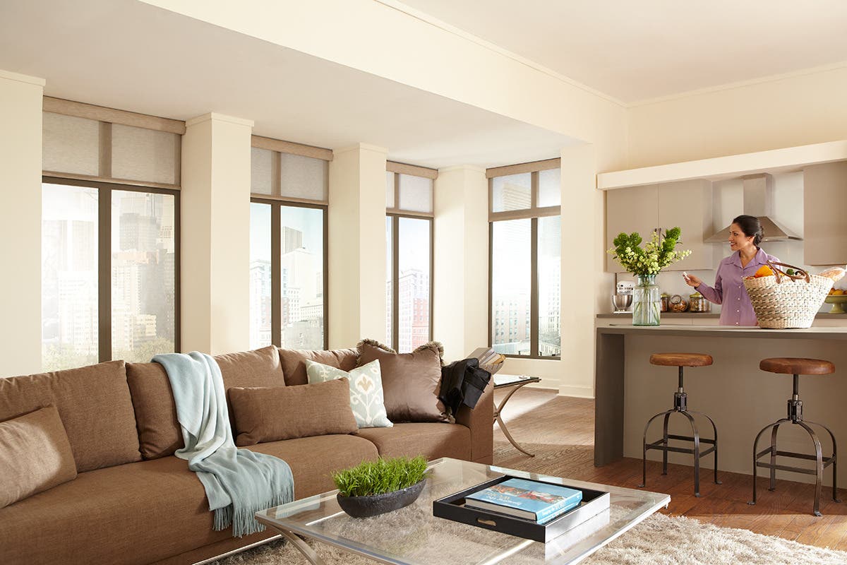 Woman in living room with partially closed sheer roller shades