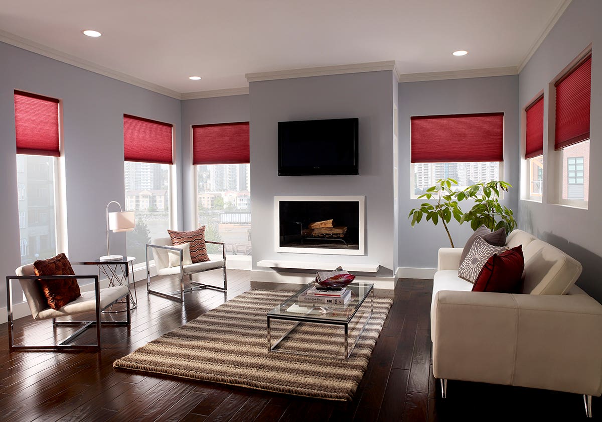 Stylish Family Room with Partially Closed Light Filtering Honeycomb Shades