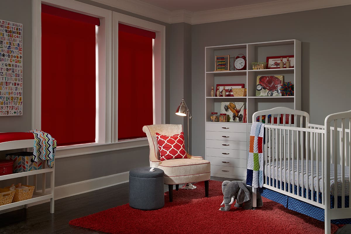 Nursery with Closed Blackout Roller Shades in Color Pepper
