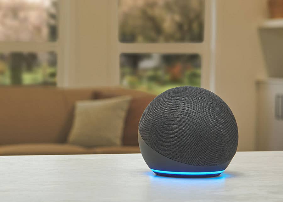 Voice Control Echo Dot sitting on counter in Living Room, Serena Shades in background