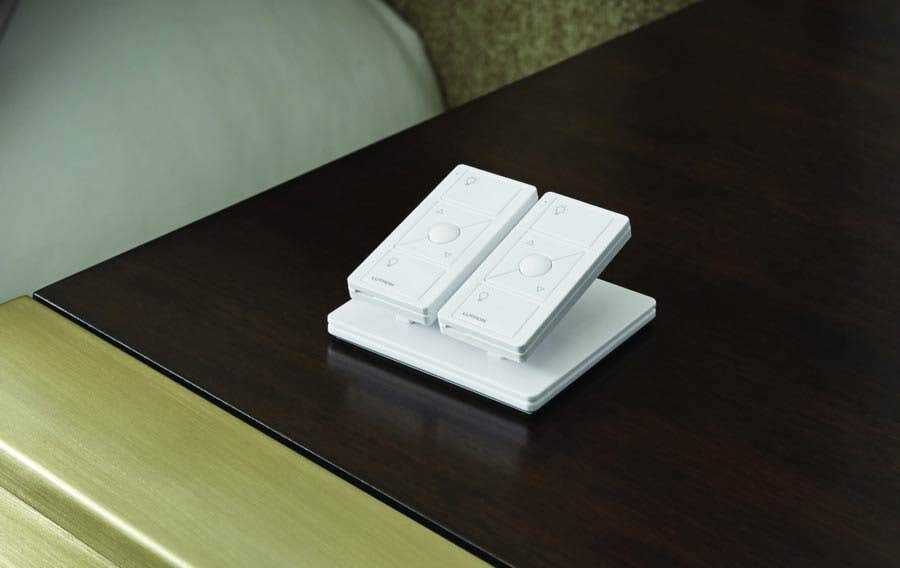 close-up of Lutron Smart Picos sitting on Pedestal,  bedside table