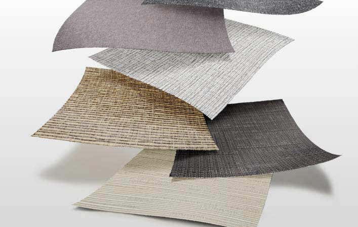 Six fabric swatches of neutral colors